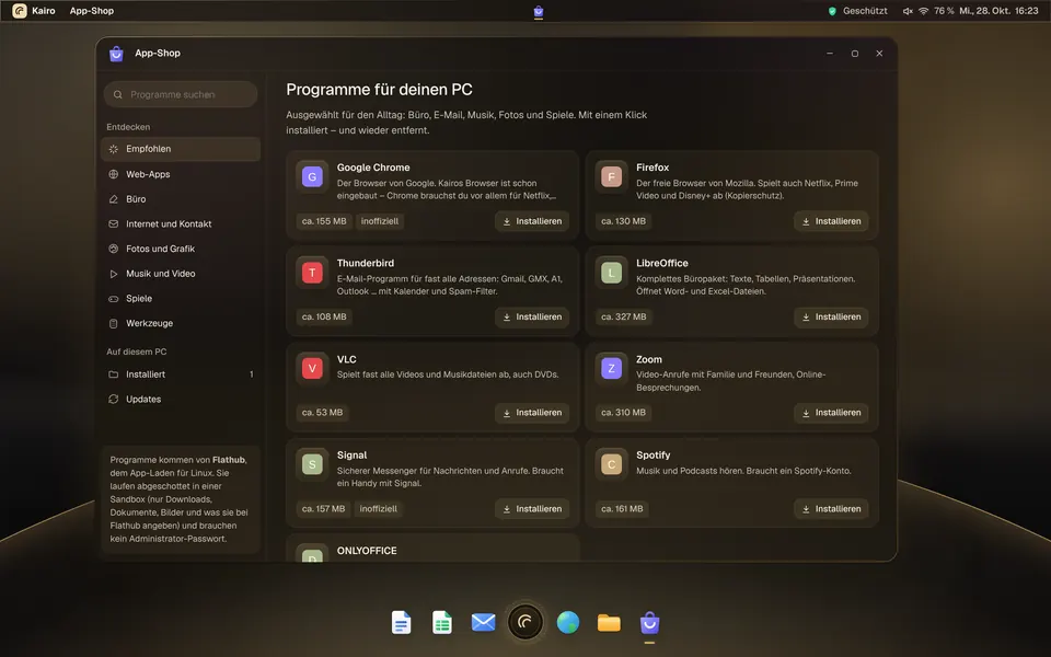 Kairo’s app shop with programs from Flathub and web apps