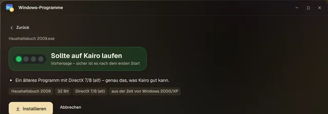Windows-Programme in Kairo: grüne Ampel „Sollte auf Kairo laufen“ für eine Beispiel-Datei, mit Knopf Installieren
